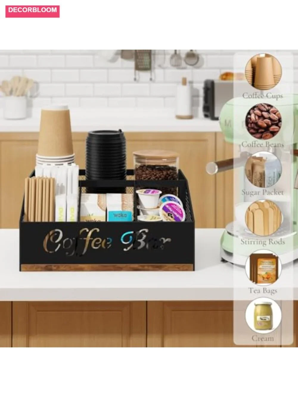 Coffee Station Organizer Countertop Wood & Metal Mesh Storage